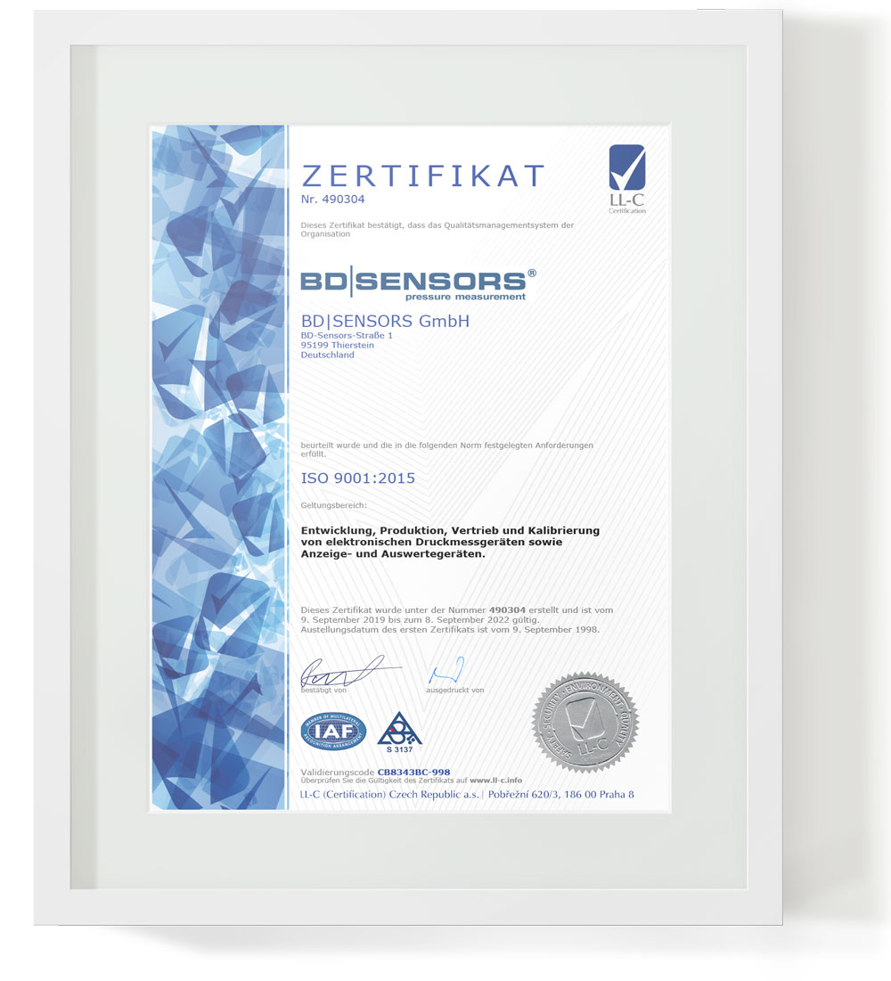 BD|SENSORS ISO 9001 Zertifikat